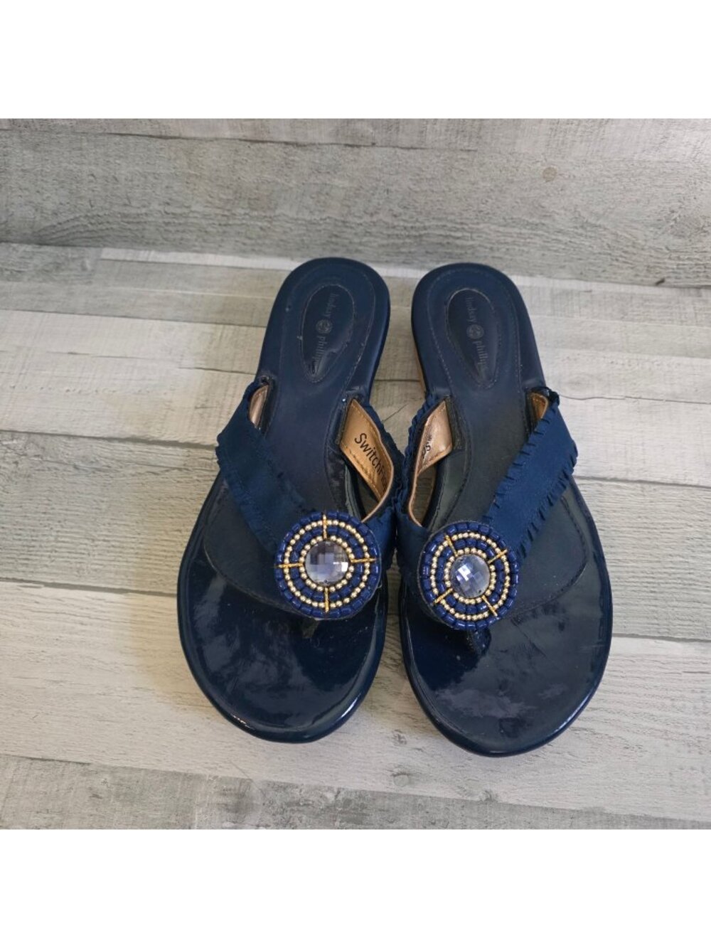 Lindsay Phillips SwitchFlops Navy Beaded Wedge Sandals With Cork Sole Size 8